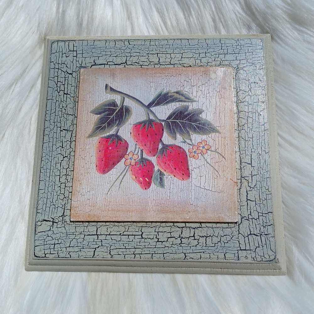 Strawberry Wall Hanging Plaque Square Strawberries Fruit Decor Decoration Blue